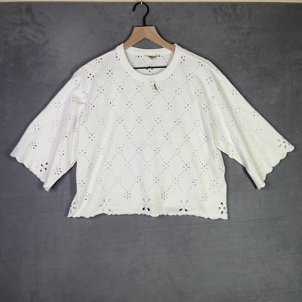 Madewell White Embroidered Bell Sleeve Boxy Crop‎ Tee NWT M Coquette Boho Cotton
